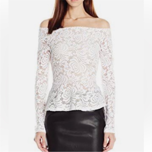 BCBGMaxazria Alea White Lace Nude Off the Shoulder Blouse Size Medium - Picture 8 of 9